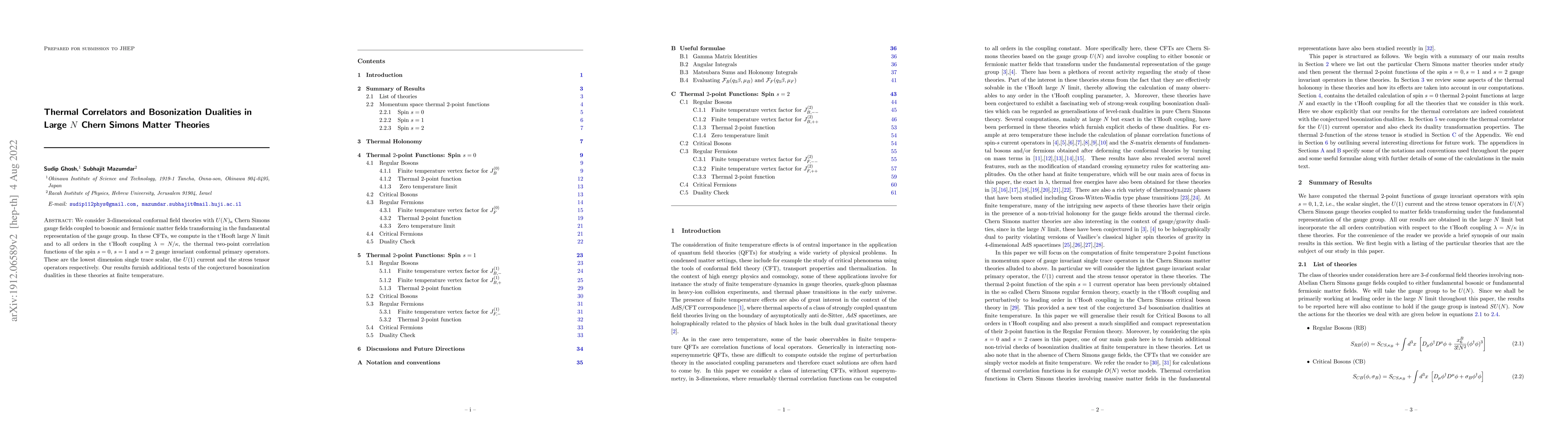 Thumbnail for Thermal Correlators and Bosonization Dualities in Large $N$ Chern Simons
  Matter Theories