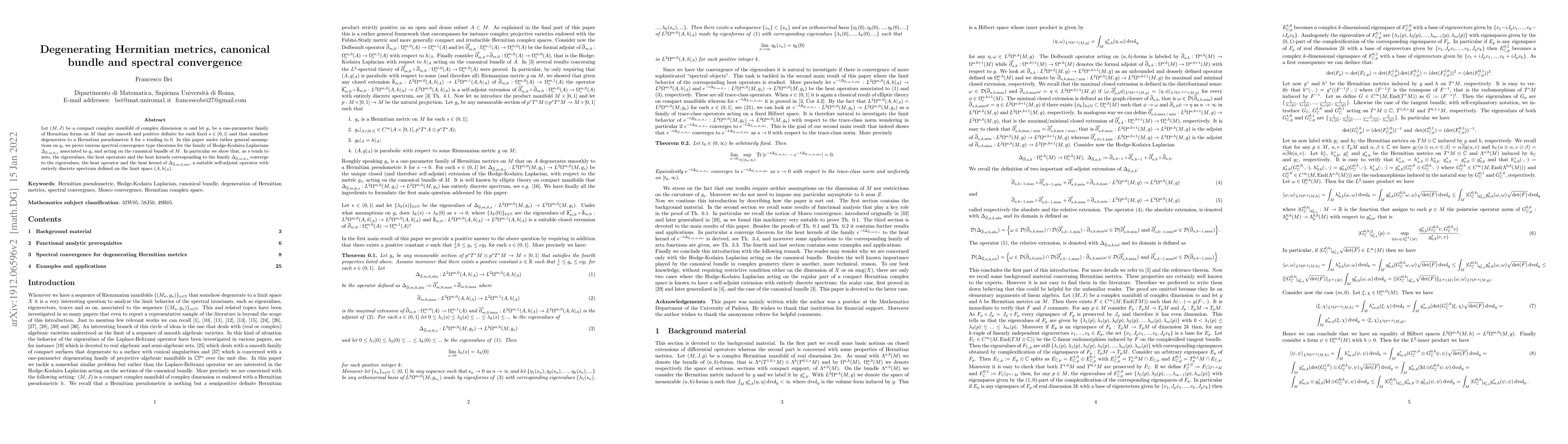 Thumbnail for Degenerating Hermitian metrics, canonical bundle and spectral
  convergence