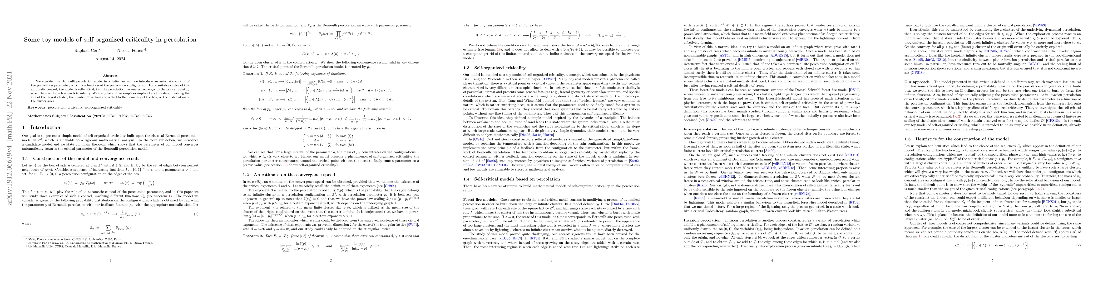 Thumbnail for Some toy models of self-organized criticality in percolation