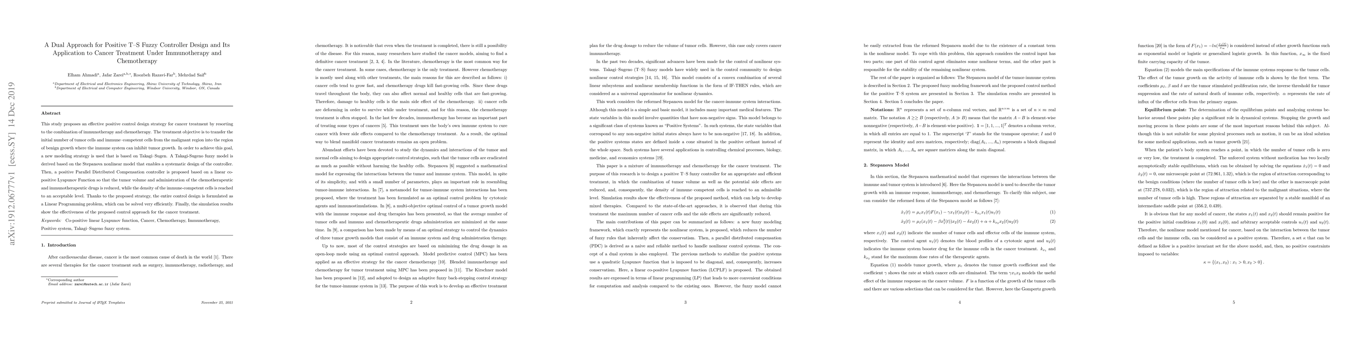 Thumbnail for A Dual Approach for Positive T-S Fuzzy Controller Design and Its
  Application to Cancer Treatment Under Immunotherapy and Chemotherapy