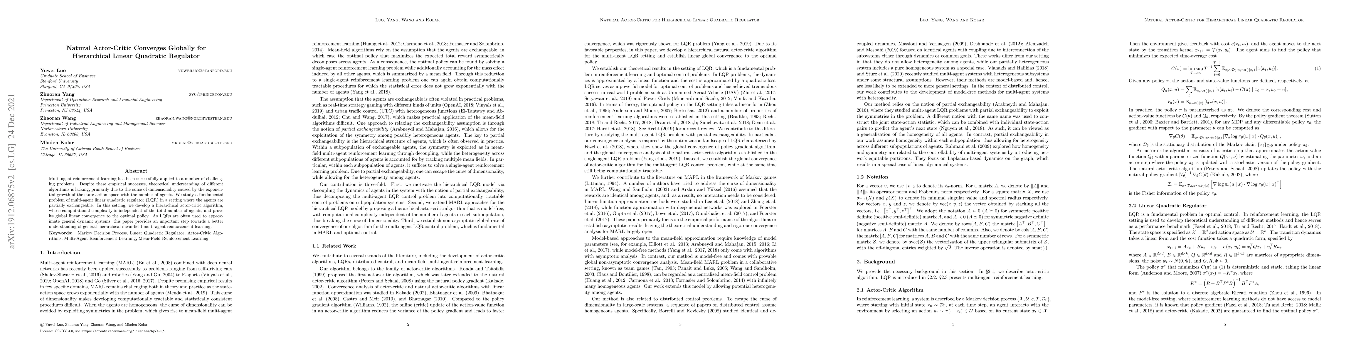 Thumbnail for Natural Actor-Critic Converges Globally for Hierarchical Linear
  Quadratic Regulator
