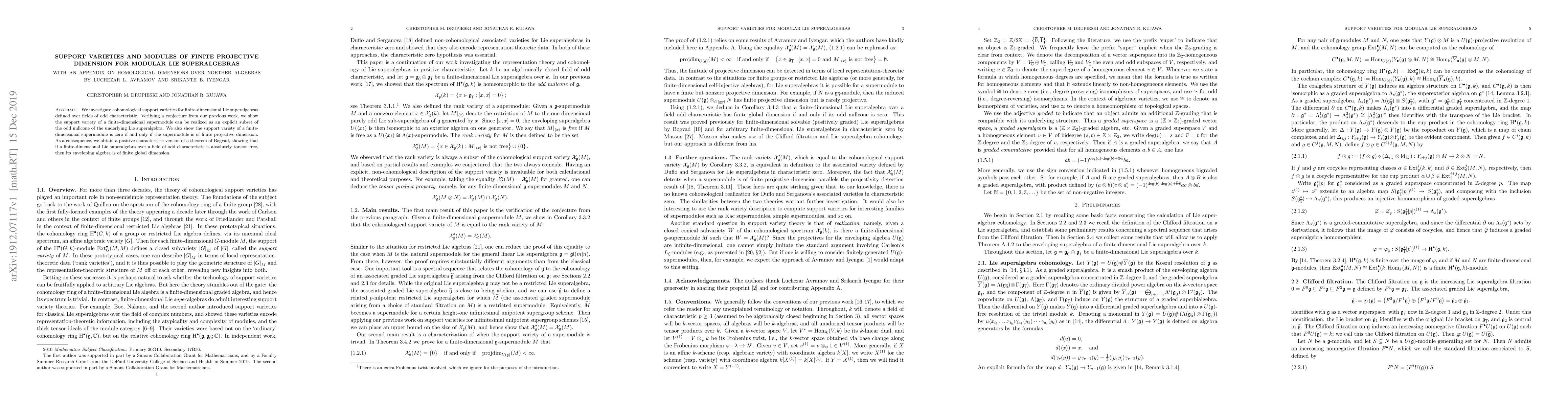 Thumbnail for Support varieties and modules of finite projective dimension for modular
  Lie superalgebras (with an appendix on homological dimensions over Noether
  Algebras by Luchezar L. Avramov and Srikanth B. Iyengar)