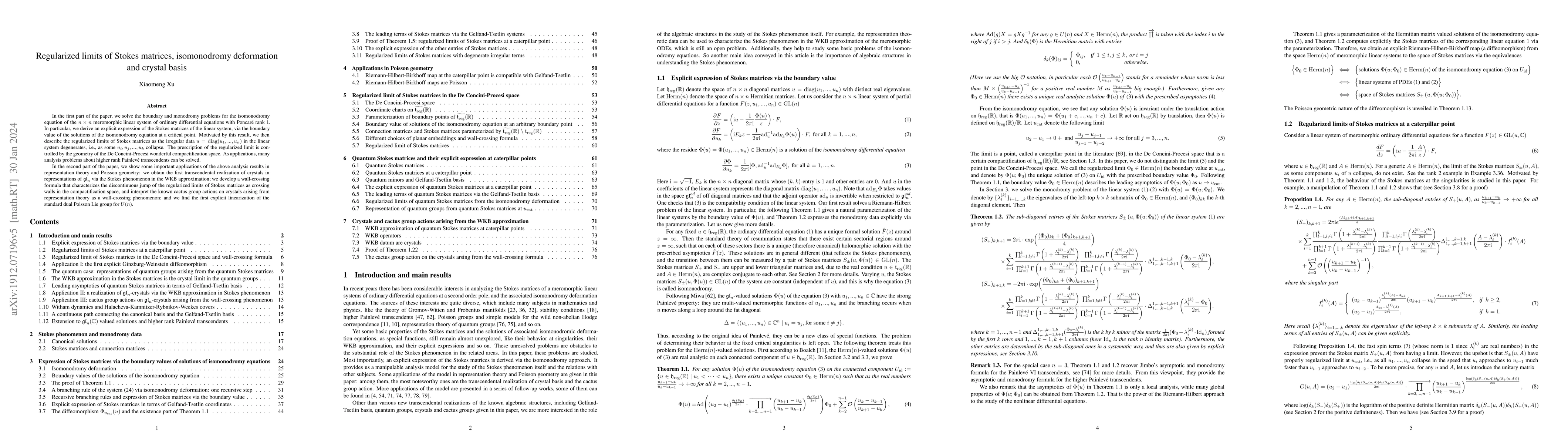 Thumbnail for Regularized limits of Stokes matrices, isomonodromy deformation and
  crystal basis