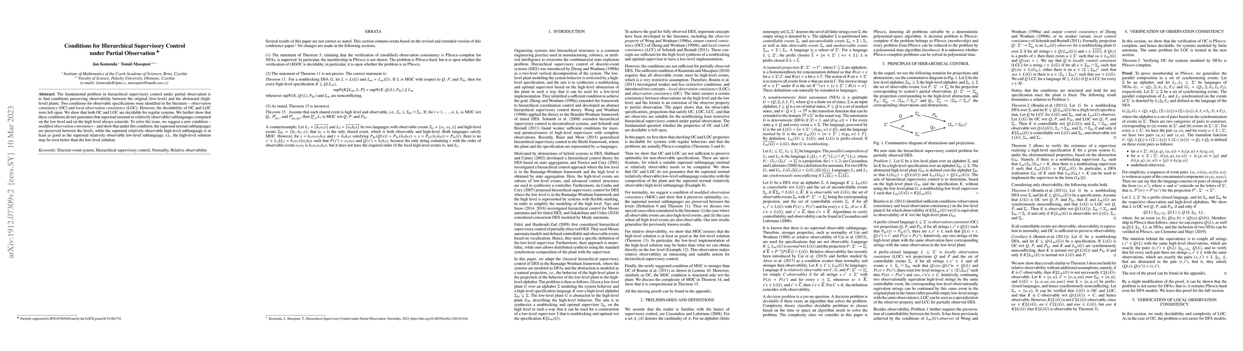 Thumbnail for Conditions for Hierarchical Supervisory Control under Partial
  Observation