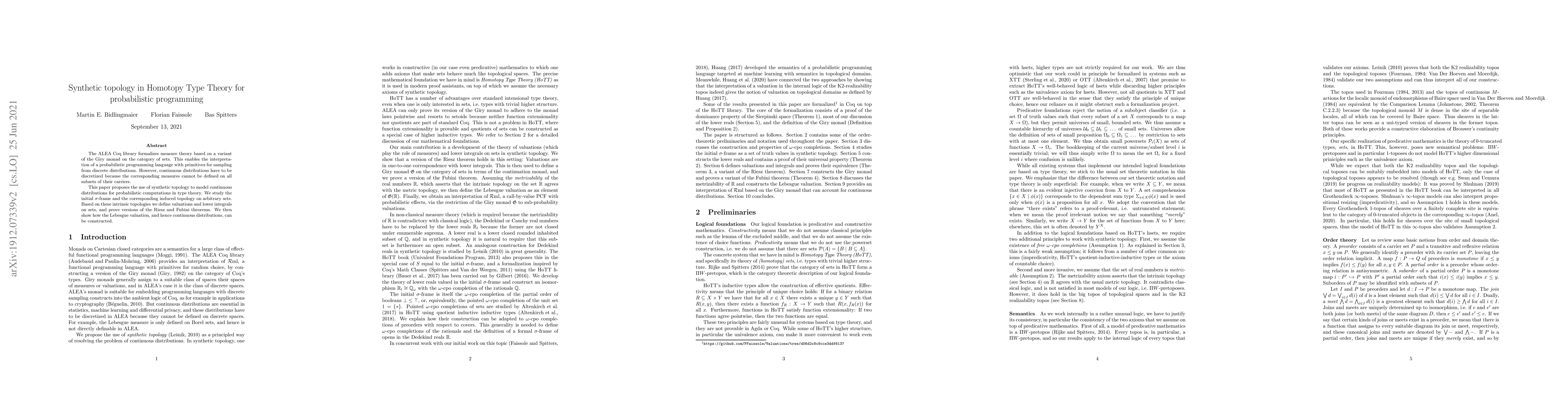 Thumbnail for Synthetic topology in Homotopy Type Theory for probabilistic programming