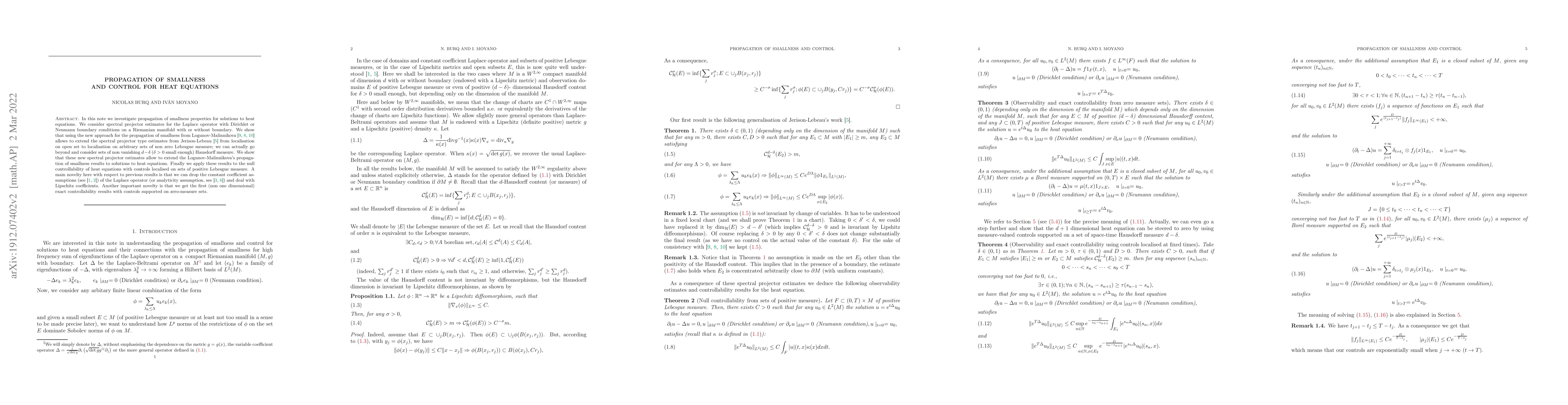 Thumbnail for Propagation of smallness and control for heat equations