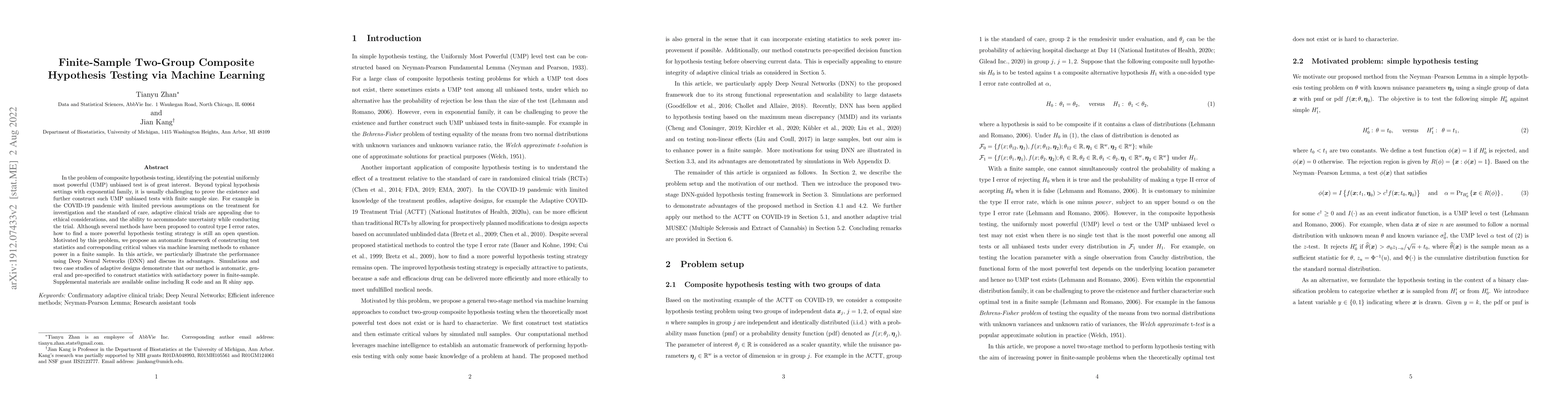 Thumbnail for Finite-Sample Two-Group Composite Hypothesis Testing via Machine
  Learning