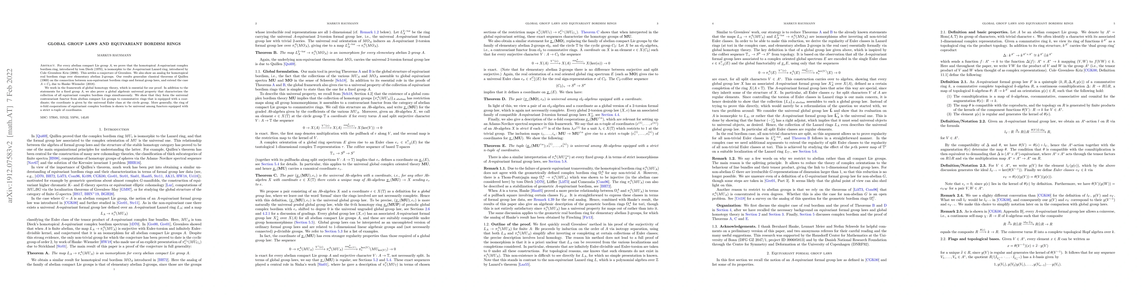 Thumbnail for Global group laws and equivariant bordism rings