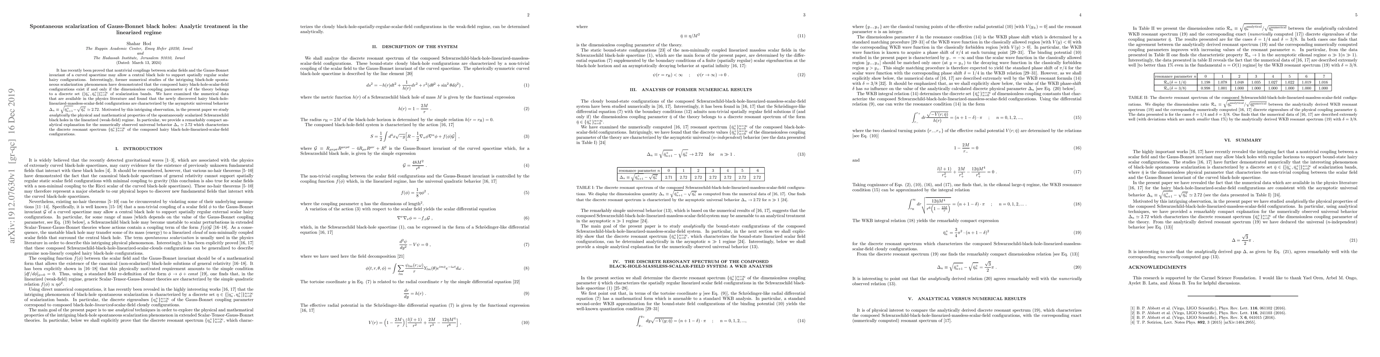 Thumbnail for Spontaneous scalarization of Gauss-Bonnet black holes: Analytic
  treatment in the linearized regime