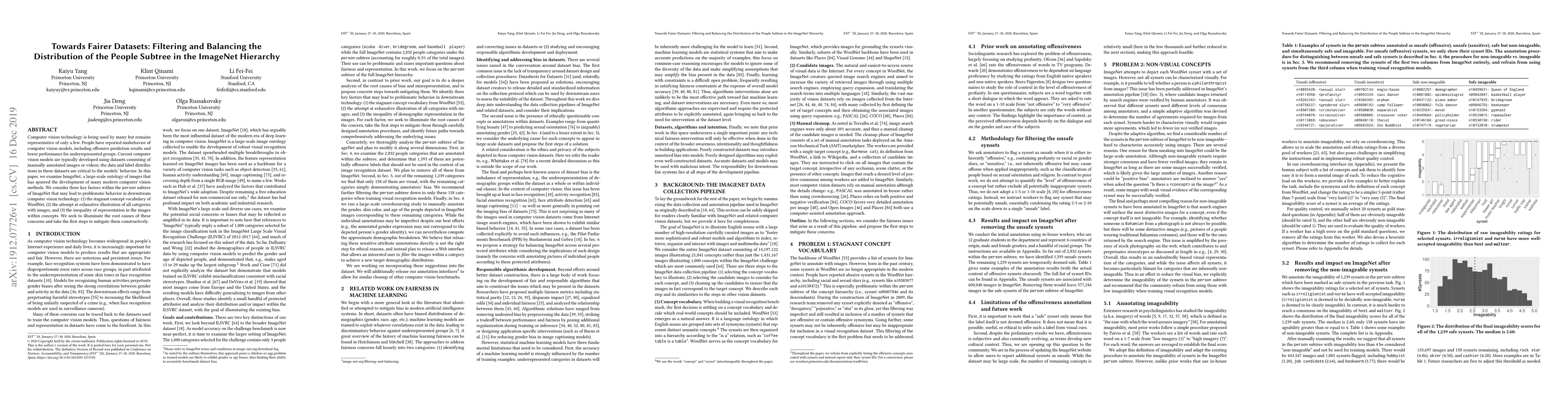 Thumbnail for Towards Fairer Datasets: Filtering and Balancing the Distribution of the
  People Subtree in the ImageNet Hierarchy