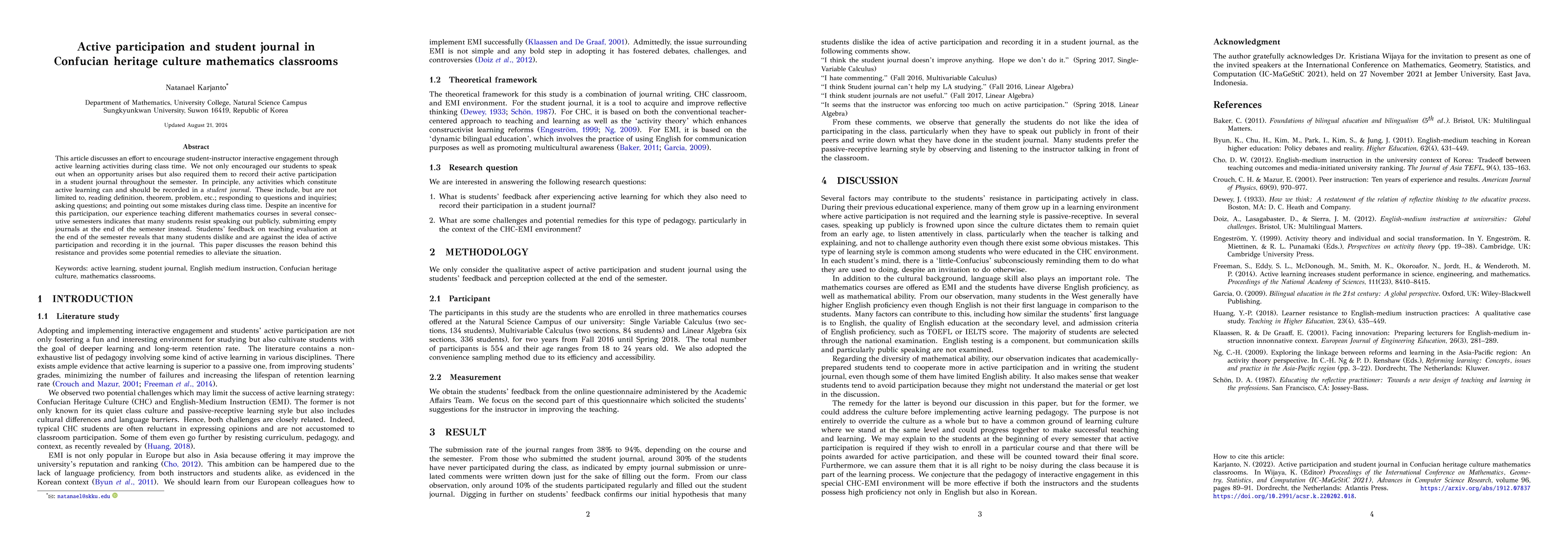 Thumbnail for Active participation and student journal in Confucian heritage culture
  mathematics classrooms