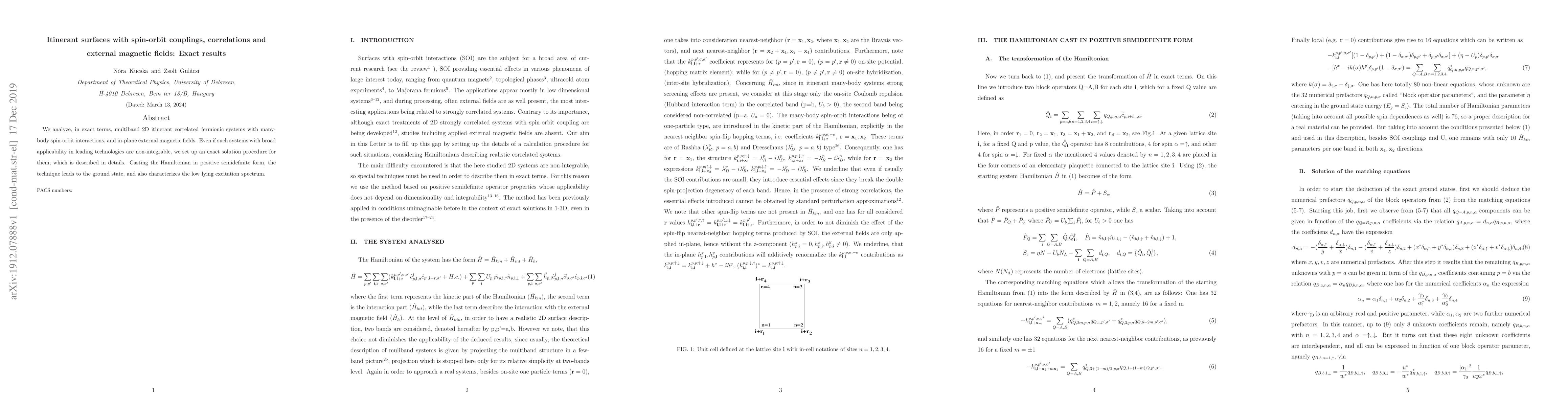 Thumbnail for Itinerant surfaces with spin-orbit couplings, correlations and external
  magnetic fields: Exact results