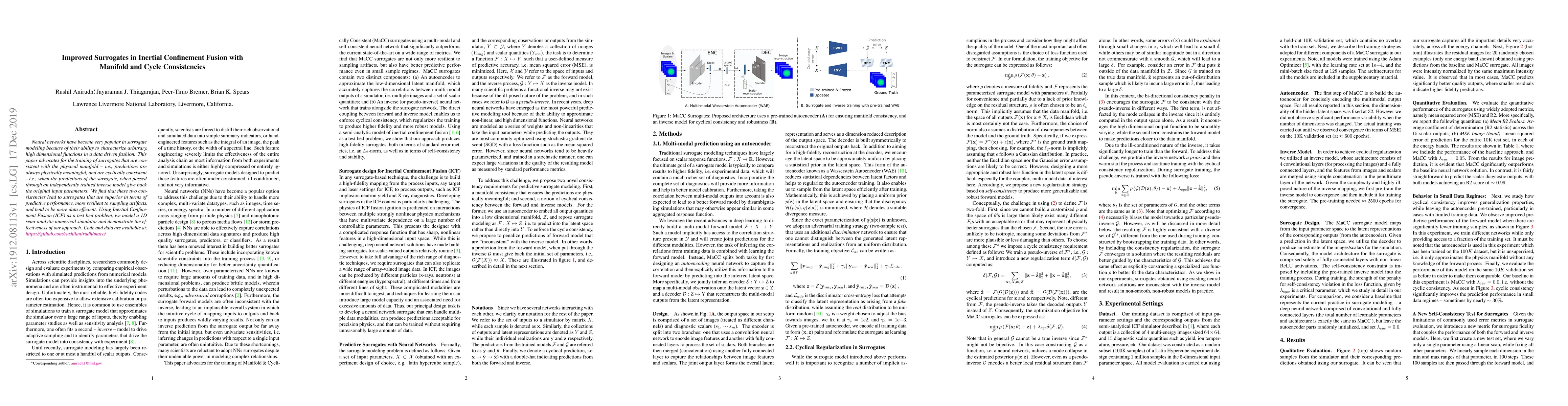 Thumbnail for Improved Surrogates in Inertial Confinement Fusion with Manifold and
  Cycle Consistencies