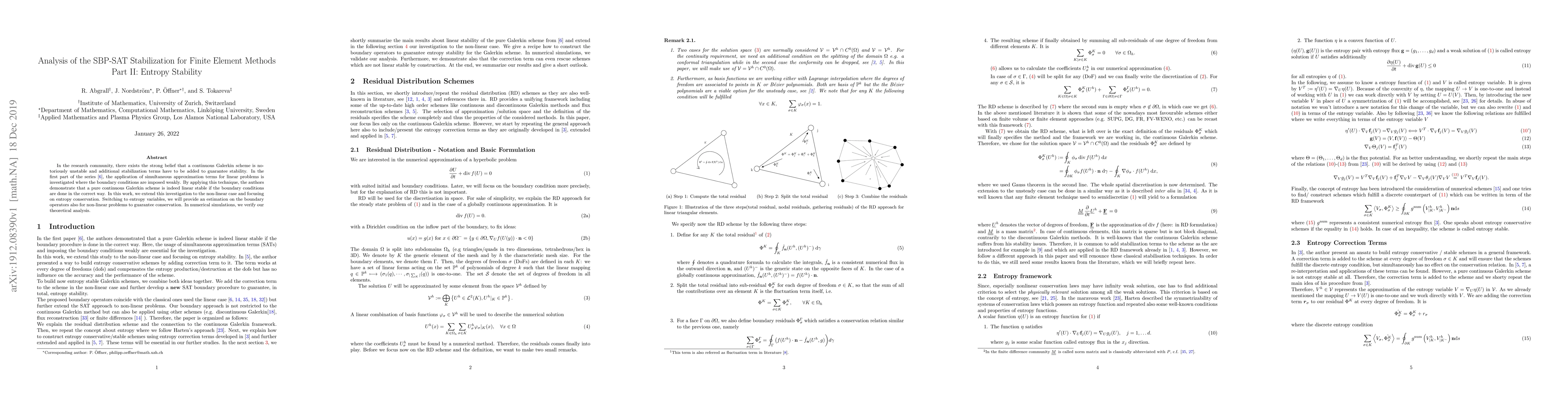 Thumbnail for Analysis of the SBP-SAT Stabilization for Finite Element Methods Part
  II: Entropy Stability