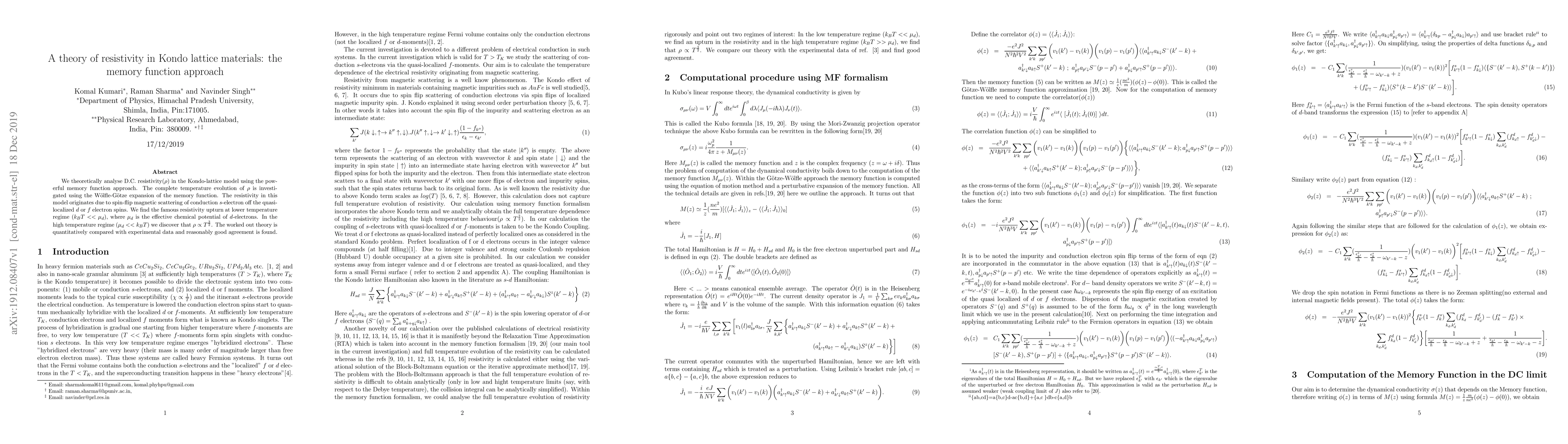 Thumbnail for A theory of resistivity in Kondo lattice materials: the memory function
  approach