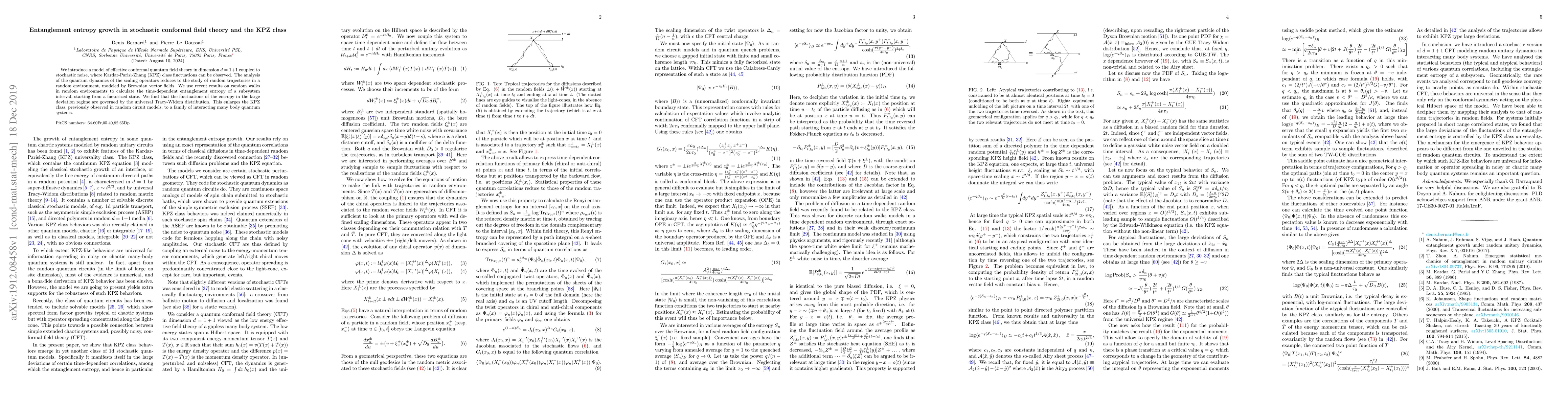 Thumbnail for Entanglement entropy growth in stochastic conformal field theory and the
  KPZ class