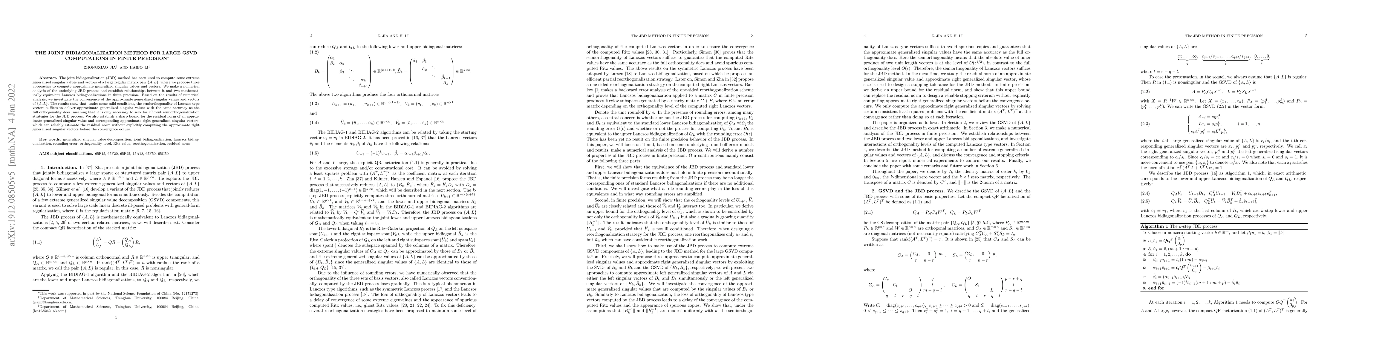 Thumbnail for The joint bidiagonalization method for large GSVD computations in finite
  precision