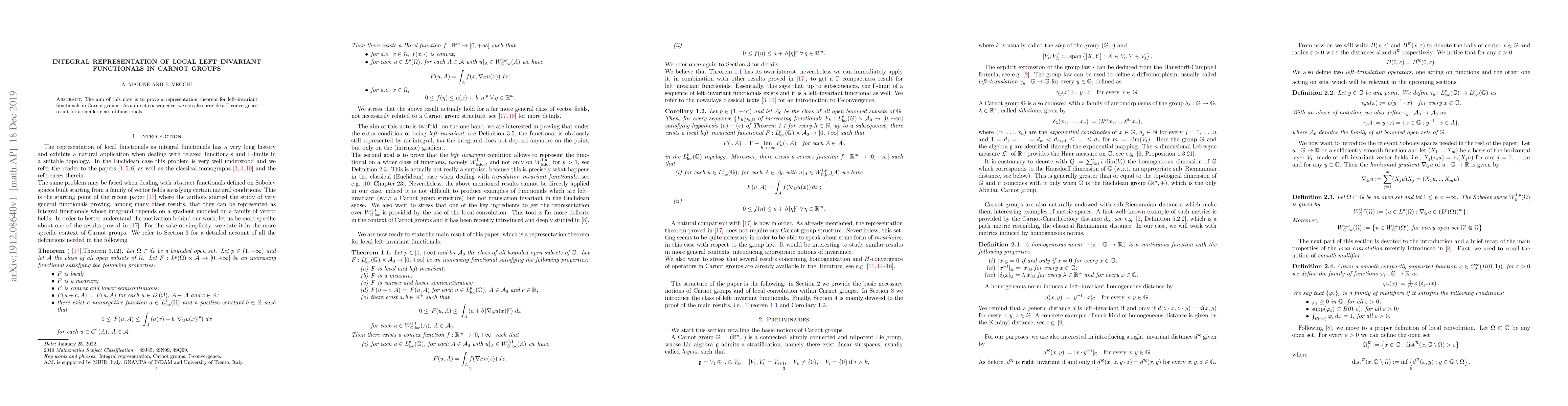 Thumbnail for Integral representation of local left--invariant functionals in Carnot
  groups