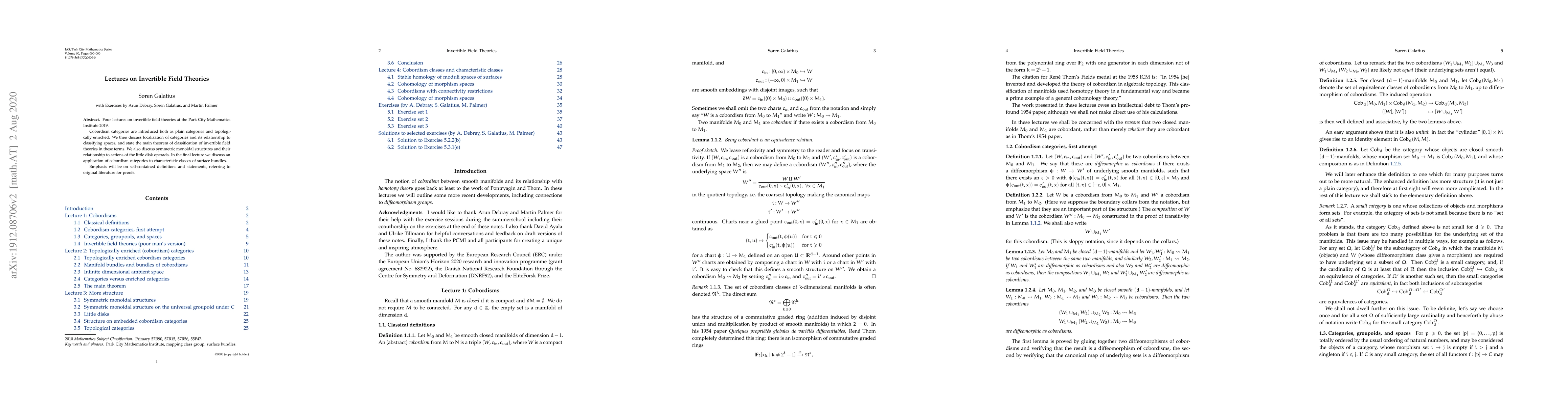 Thumbnail for Lectures on invertible field theories