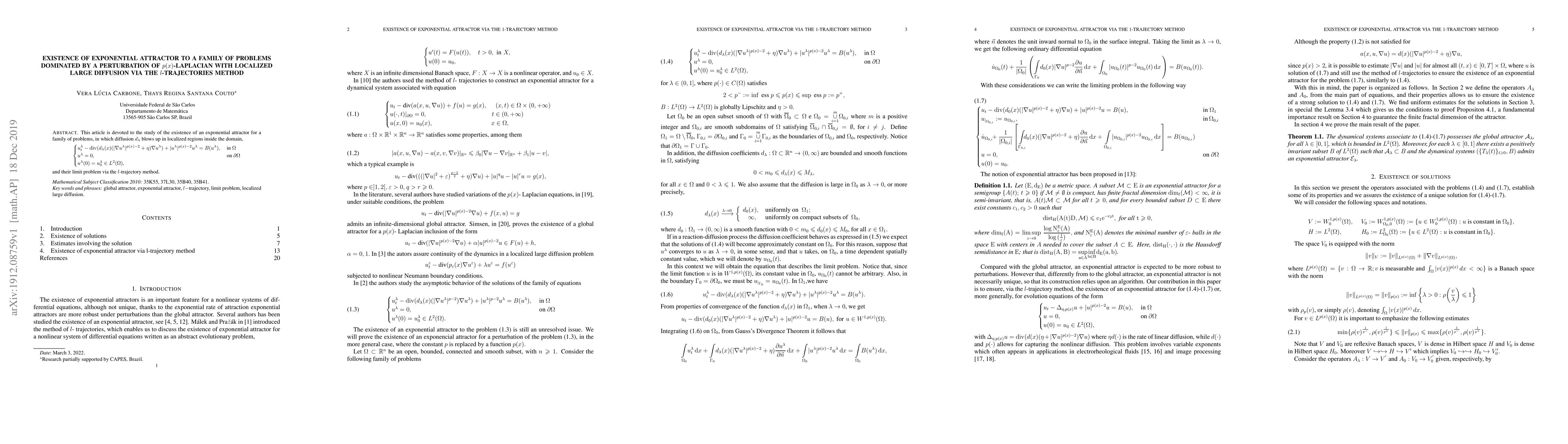 Thumbnail for Existence of exponential attractor to a family of problems dominated by
  a perturbation of $p(x)$-laplacian with localized large diffusion via the
  $l$-trajectories method