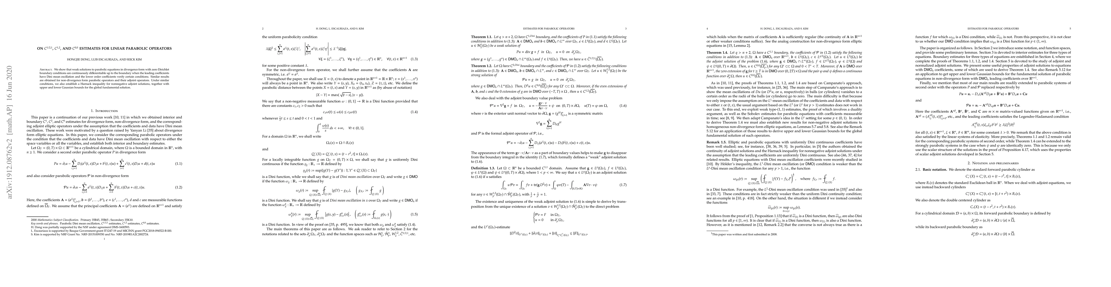 Thumbnail for On $C^{1/2,1}$, $C^{1,2}$, and $C^{0,0}$ estimates for linear parabolic
  operators