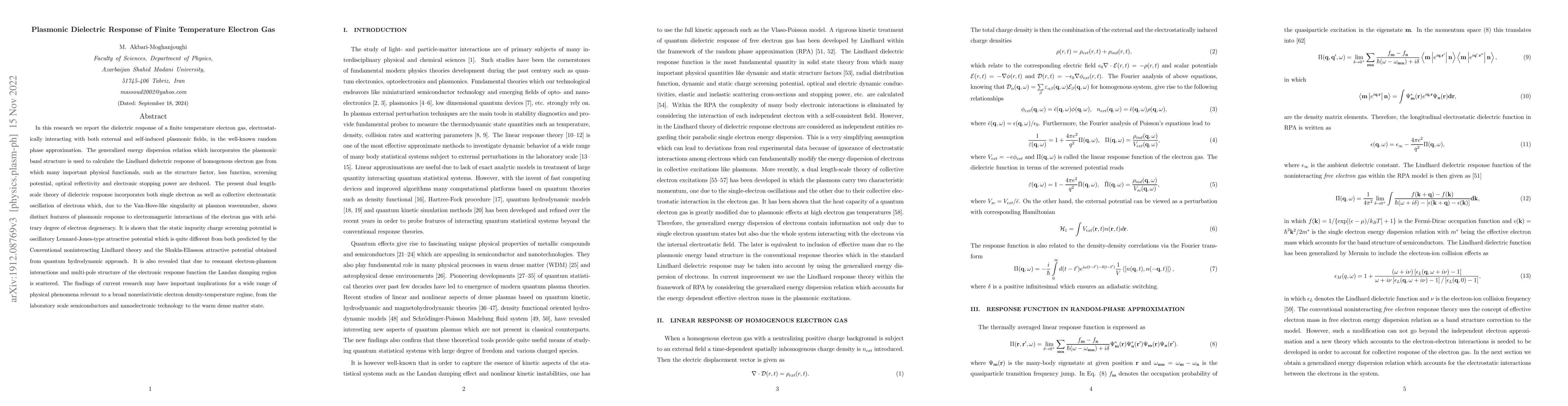 Thumbnail for Plasmonic Dielectric Response of Finite Temperature Electron Gas