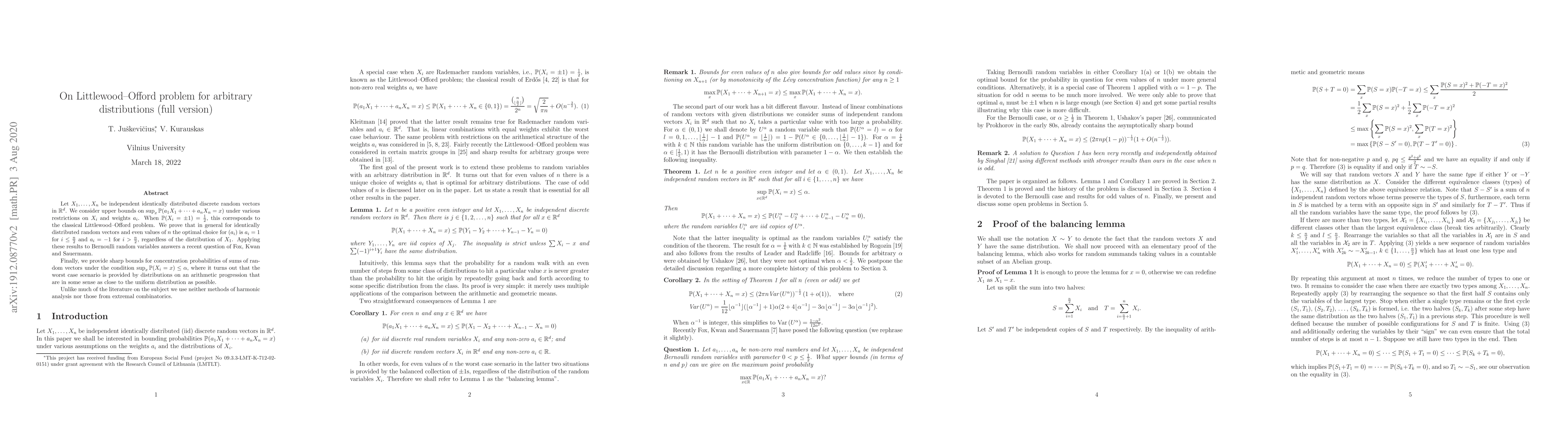 Thumbnail for On Littlewood-Offord theory for arbitrary distributions