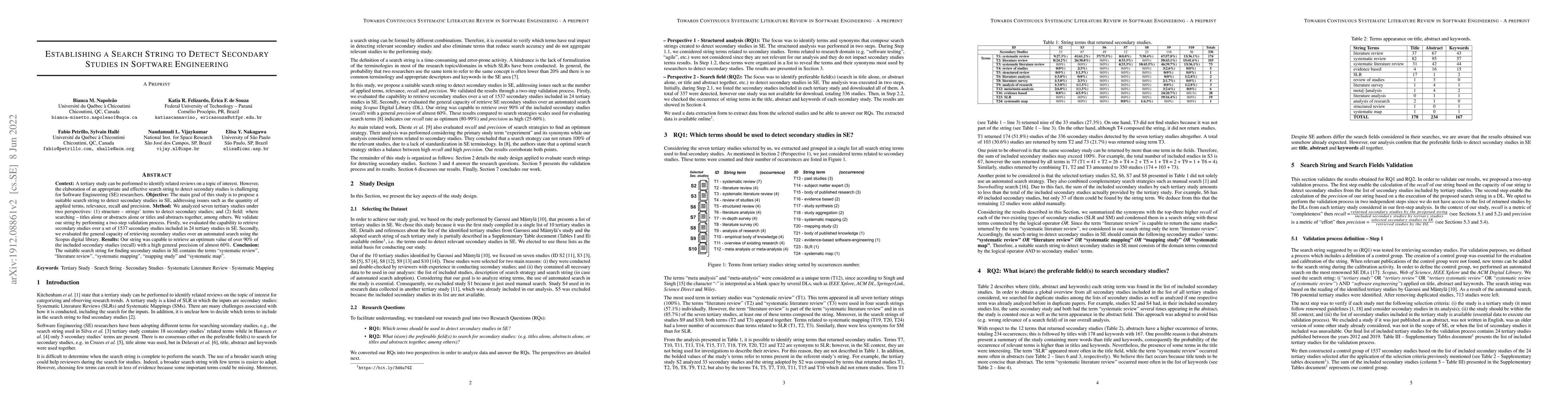 Thumbnail for Establishing a Search String to Detect Secondary Studies in Software
  Engineering