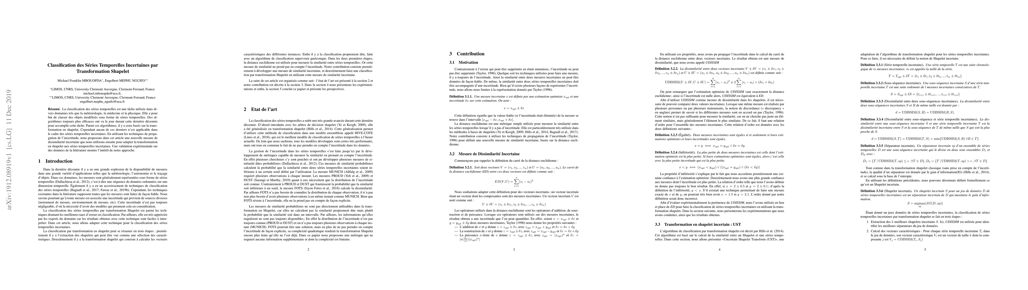Thumbnail for Classification des S{\'e}ries Temporelles Incertaines par Transformation
  Shapelet
