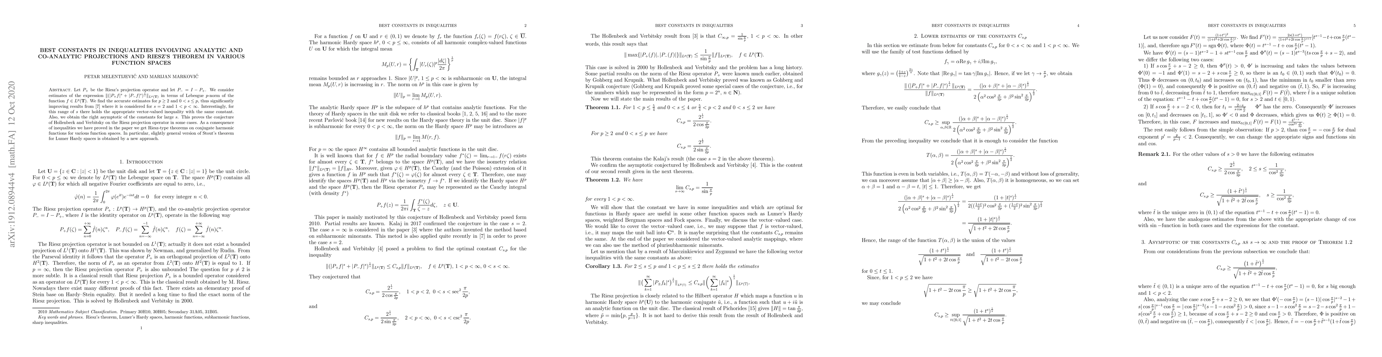 Thumbnail for Best constants in inequalities involving analytic and co-analytic
  projections and Riesz theorem for various function spaces