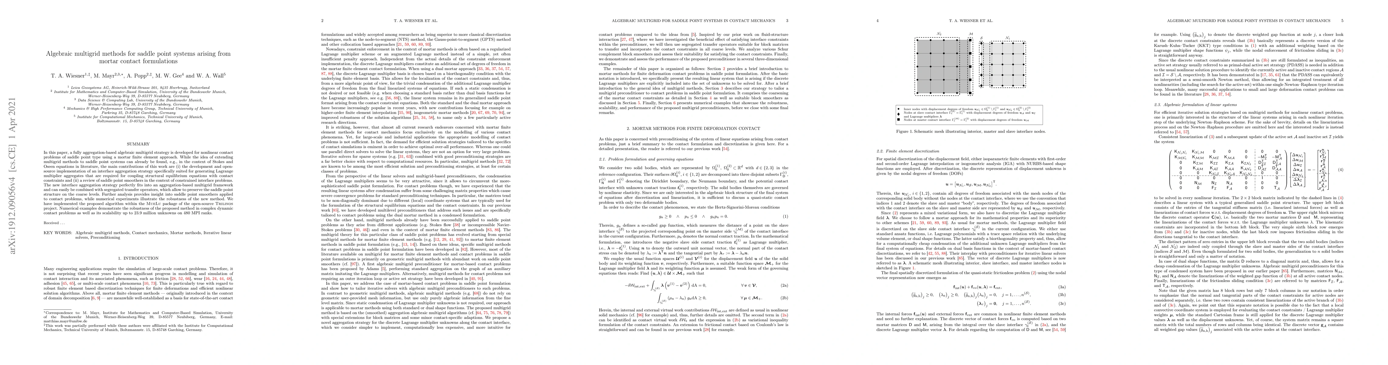Thumbnail for Algebraic multigrid methods for saddle point systems arising from mortar
  contact formulations