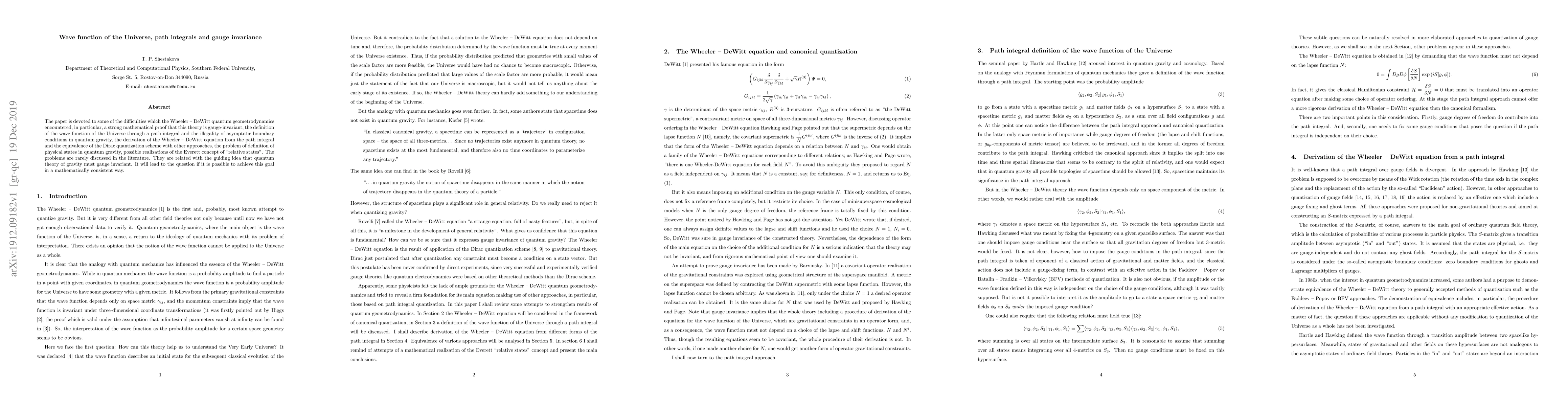 Thumbnail for Wave function of the Universe, path integrals and gauge invariance