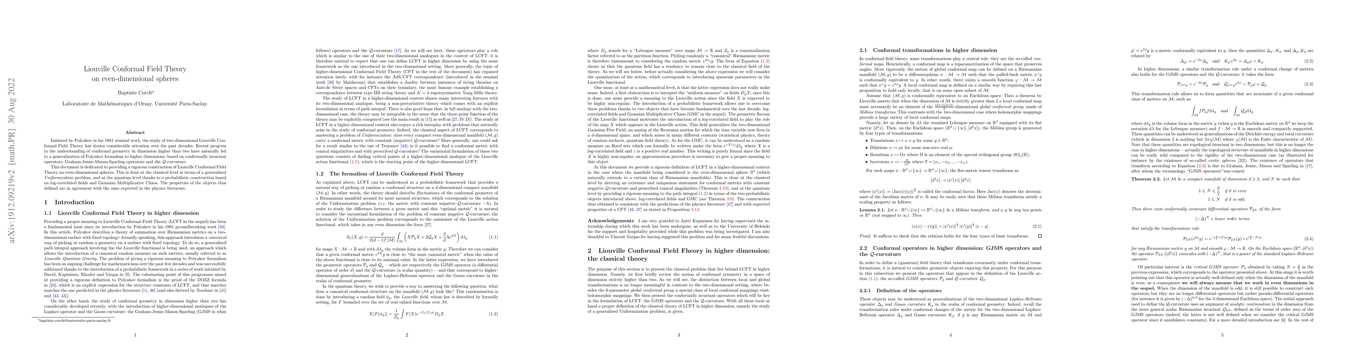 Thumbnail for Liouville Conformal Field Theory on even-dimensional spheres