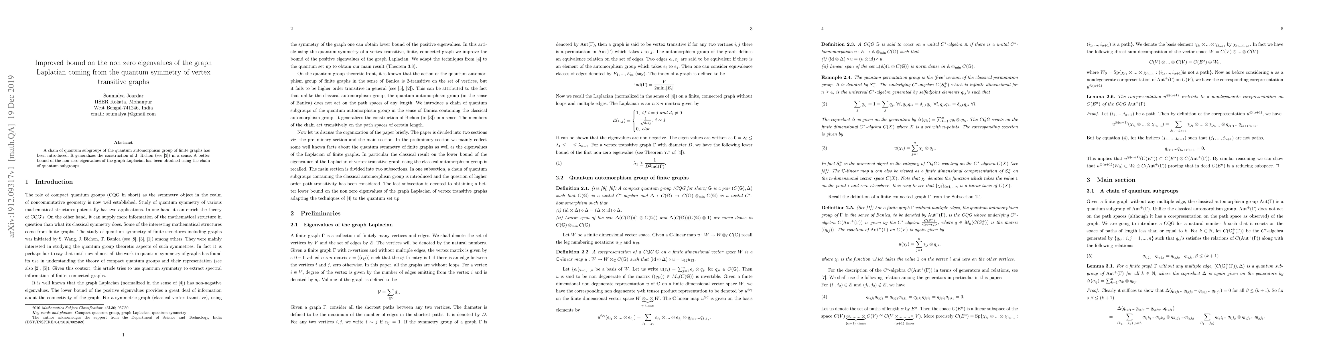 Thumbnail for Improved bound on the non zero eigenvalues of the graph Laplacian coming
  from quantum symmetry of vertex transitive graphs