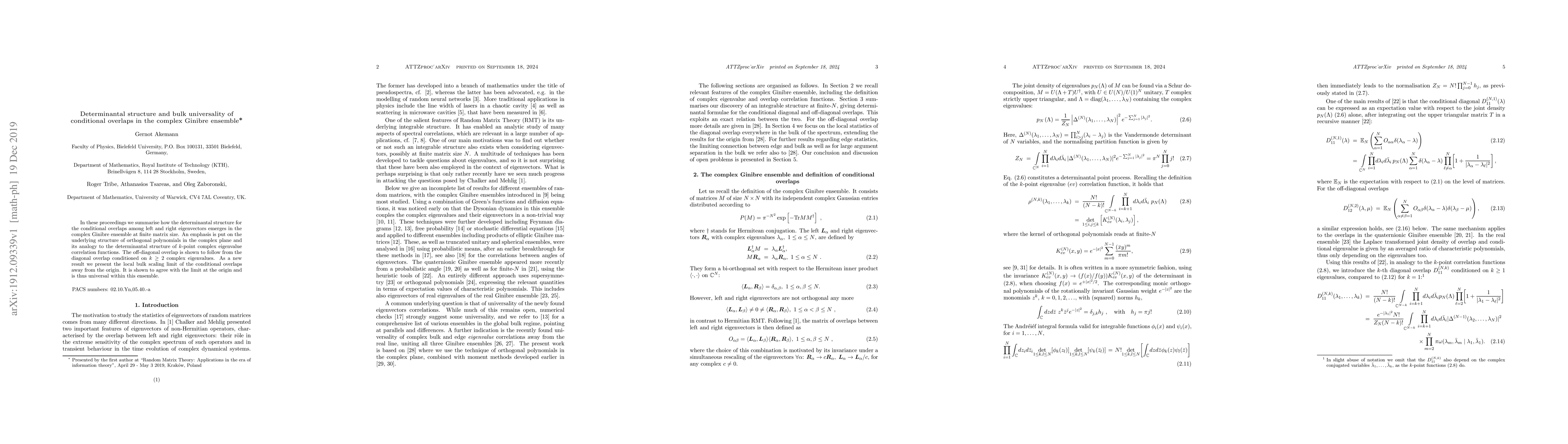 Thumbnail for Determinantal structure and bulk universality of conditional overlaps in
  the complex Ginibre ensemble