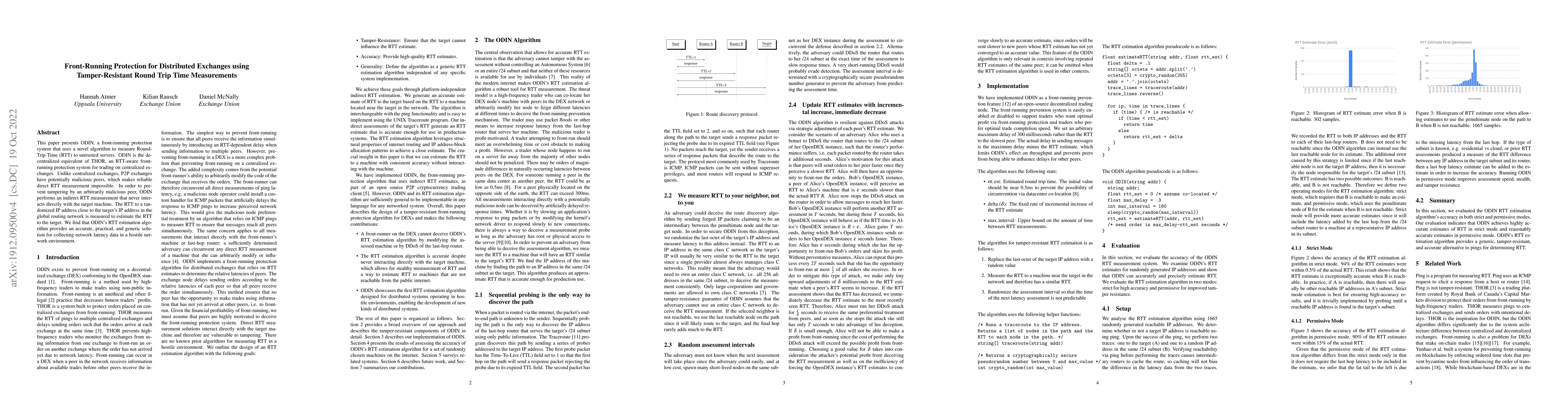 Thumbnail for Front-Running Protection for Distributed Exchanges using
  Tamper-Resistant Round Trip Time Measurements