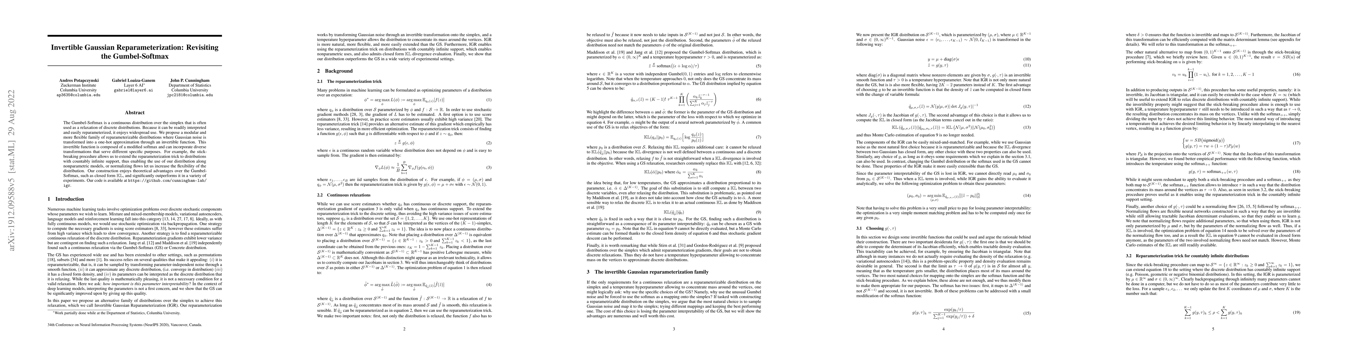 Thumbnail for Invertible Gaussian Reparameterization: Revisiting the Gumbel-Softmax