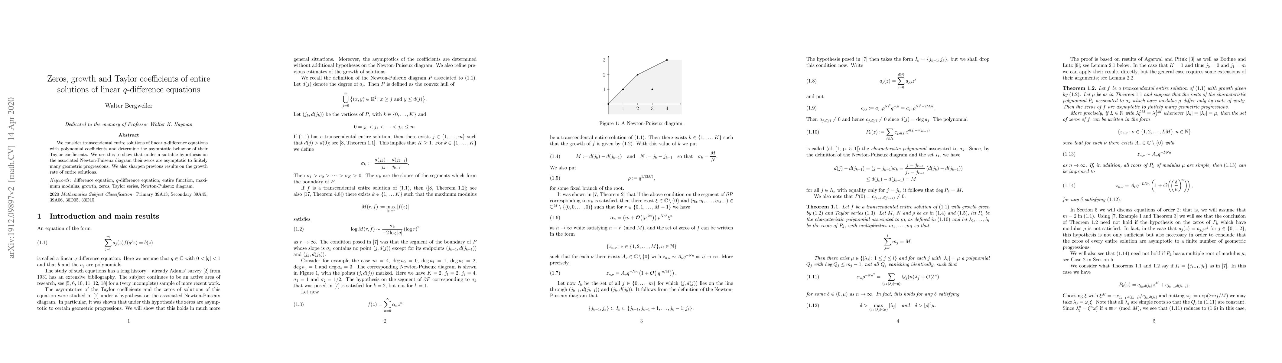 Thumbnail for Zeros, growth and Taylor coefficients of entire solutions of linear
  $q$-difference equations