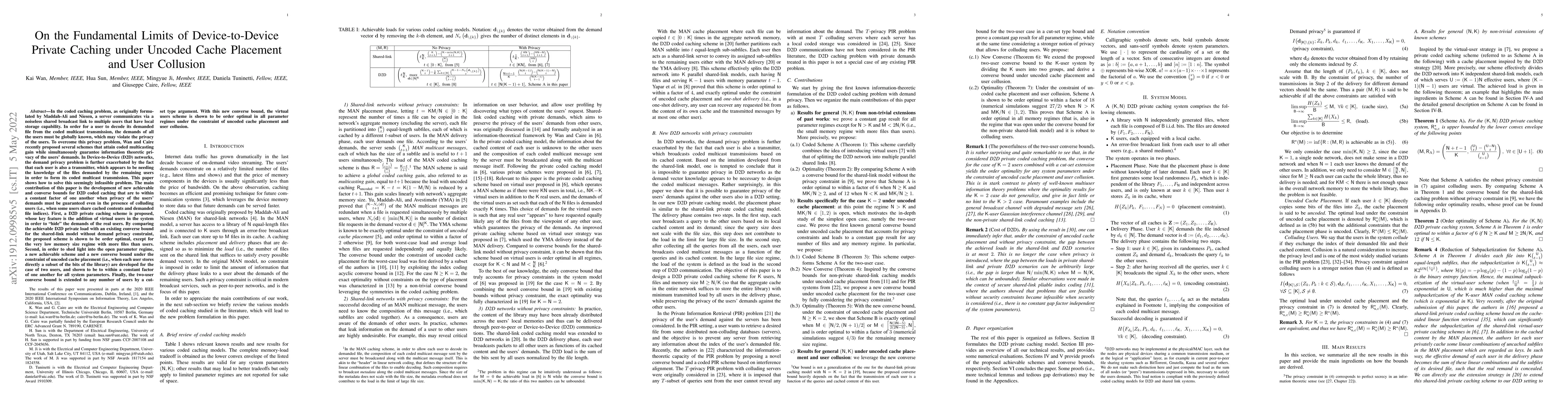 Thumbnail for On the Fundamental Limits of Device-to-Device Private Caching under
  Uncoded Cache Placement and User Collusion