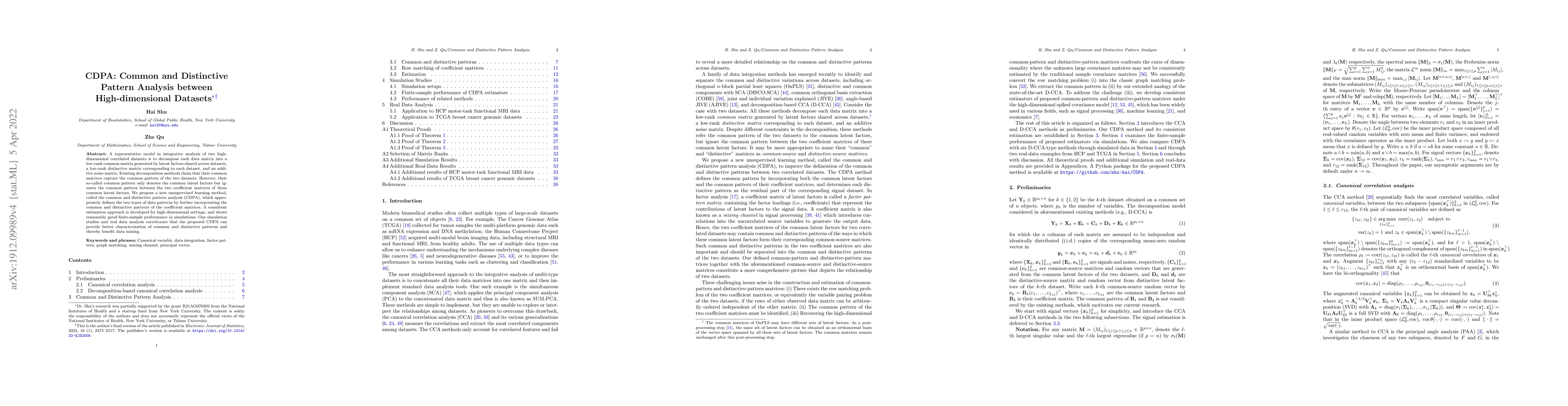 Thumbnail for CDPA: Common and Distinctive Pattern Analysis between High-dimensional
  Datasets