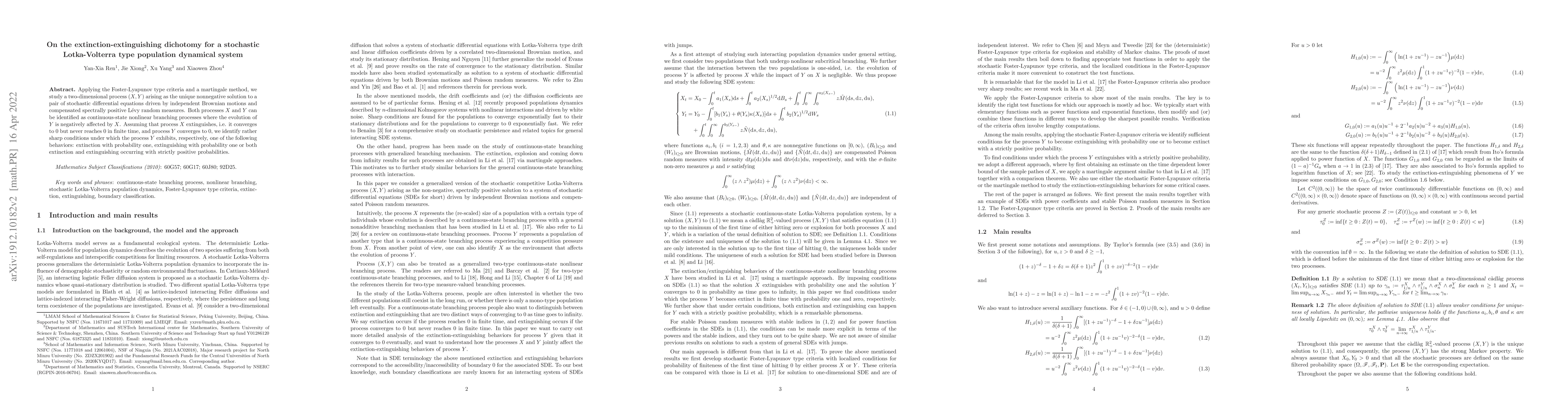Thumbnail for On the extinction-extinguishing dichotomy for a stochastic
  Lotka-Volterra type population dynamical system