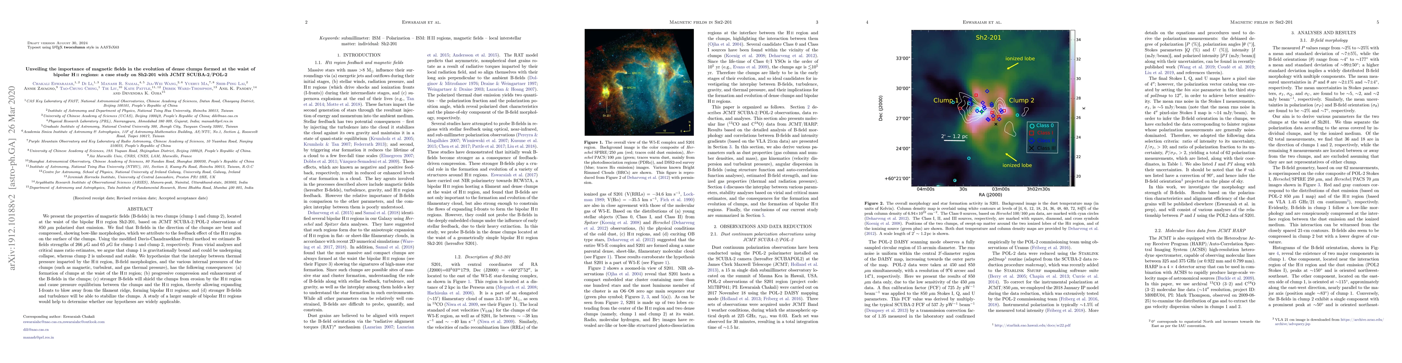 Thumbnail for Unveiling the importance of magnetic fields in the evolution of dense
  clumps formed at the waist of bipolar H II regions: a case study on Sh2-201
  with JCMT SCUBA-2/POL-2