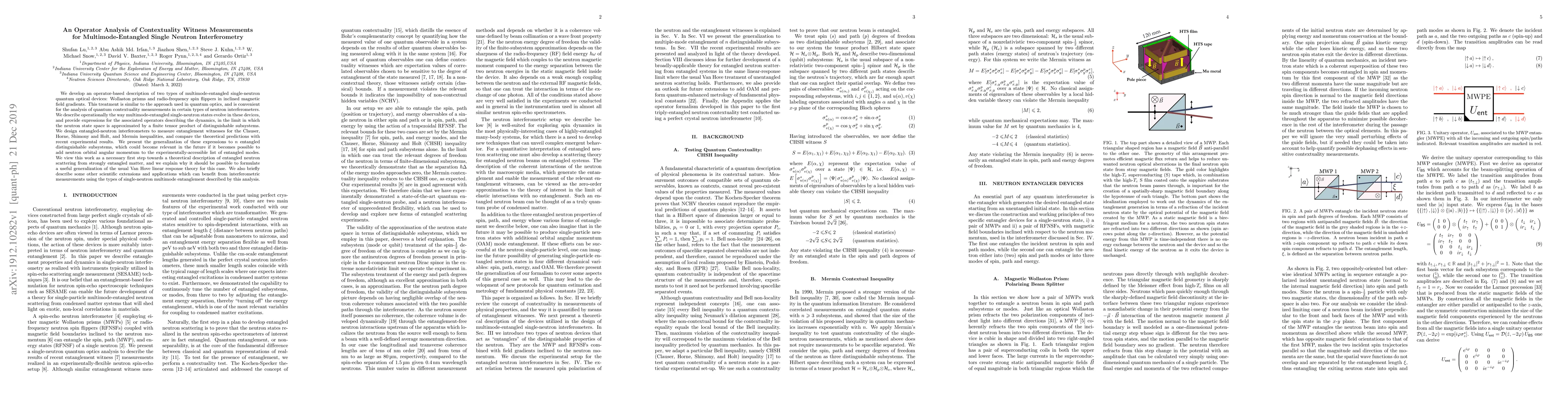 Thumbnail for An Operator Analysis of Contextuality Witness Measurements for
  Multimode-Entangled Single Neutron Interferometry