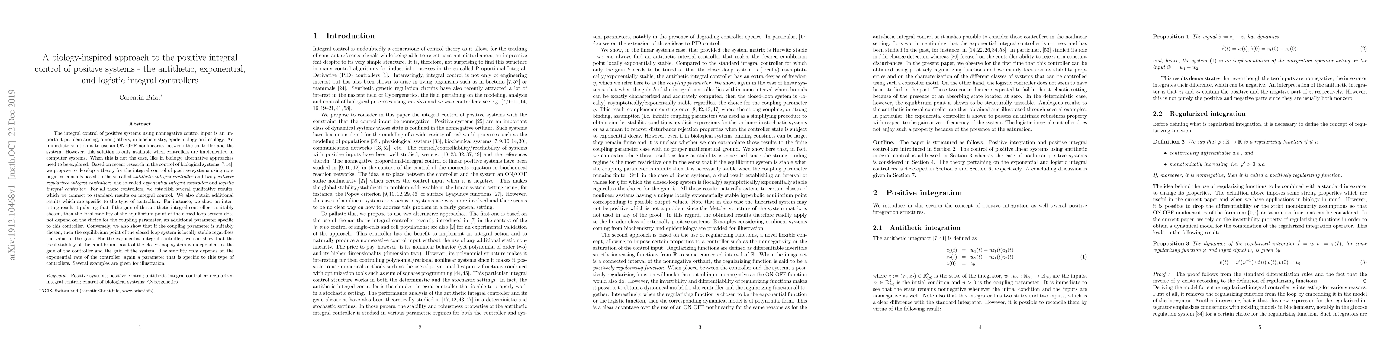 Thumbnail for A biology-inspired approach to the positive integral control of positive
  systems -- the antithetic, exponential, and logistic integral controllers