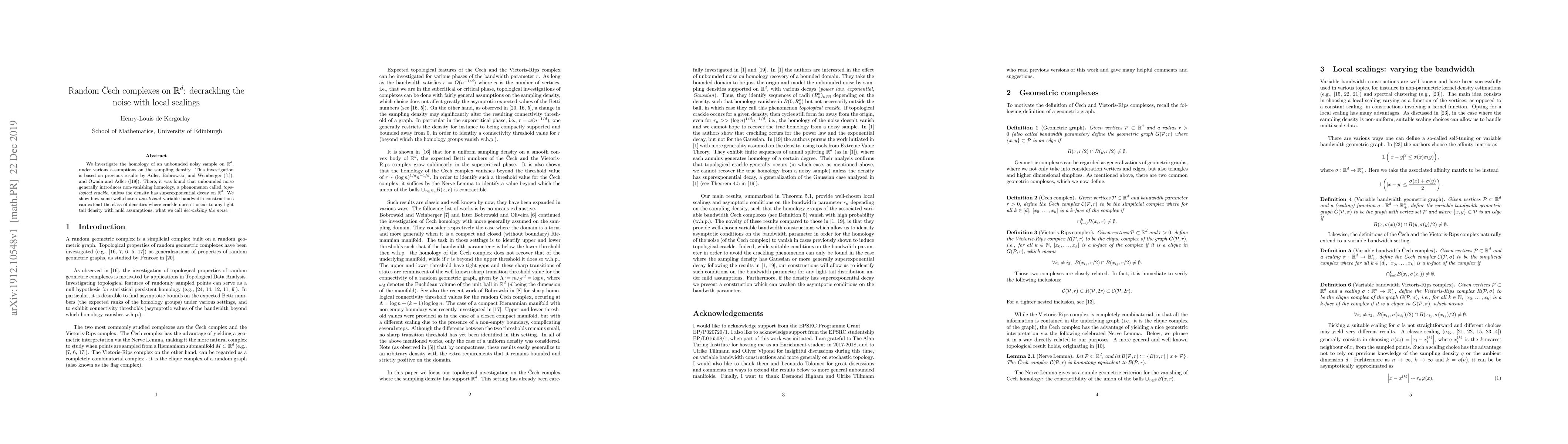 Thumbnail for Random \v{C}ech complexes on $\mathbb{R}^d$: decrackling the noise with
  local scalings