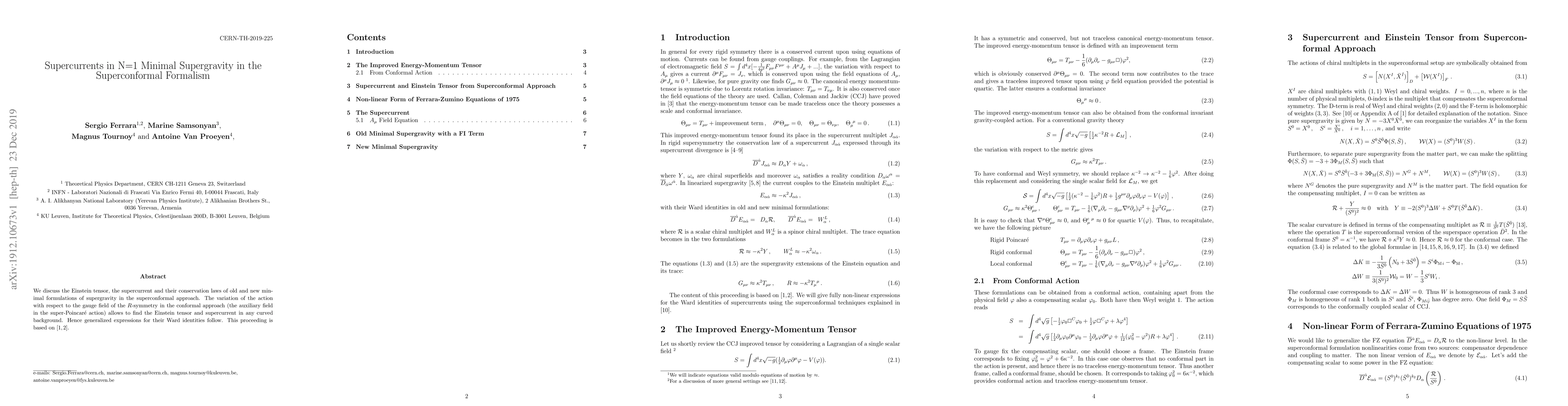 Thumbnail for Supercurrents in N=1 Minimal Supergravity in the Superconformal
  Formalism