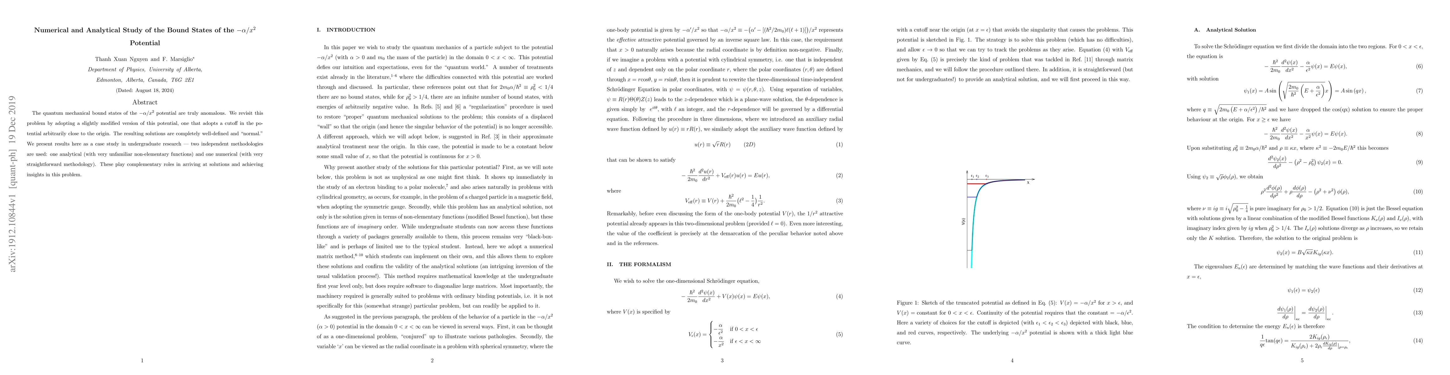 Thumbnail for Numerical and Analytical Study of the Bound States of the $-\alpha/x^2$
  Potential