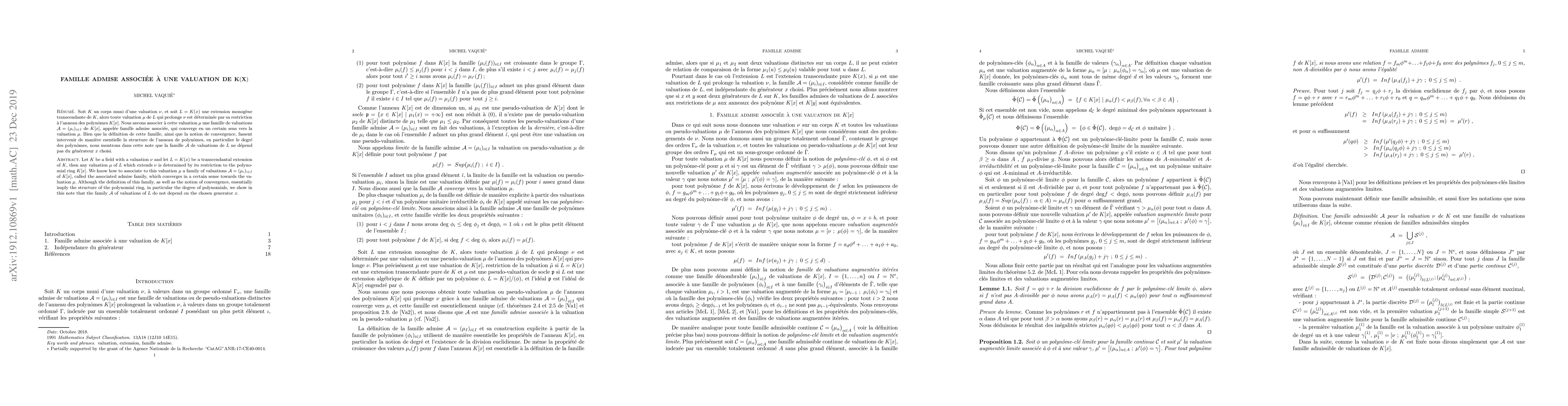 Thumbnail for Famille admise associ\'ee \`a une valuation de K(X)