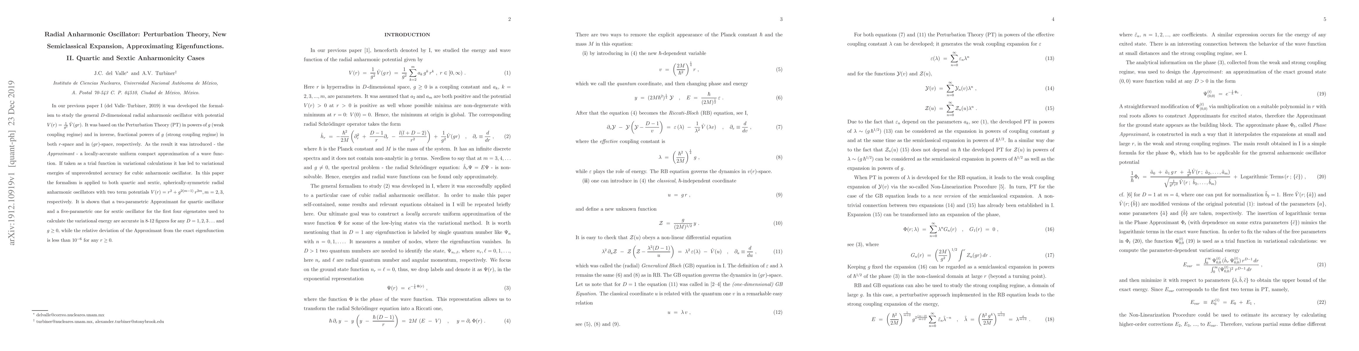 Thumbnail for Radial Anharmonic Oscillator: Perturbation Theory, New Semiclassical
  Expansion, Approximating Eigenfunctions. II. Quartic and Sextic Anharmonicity
  Cases