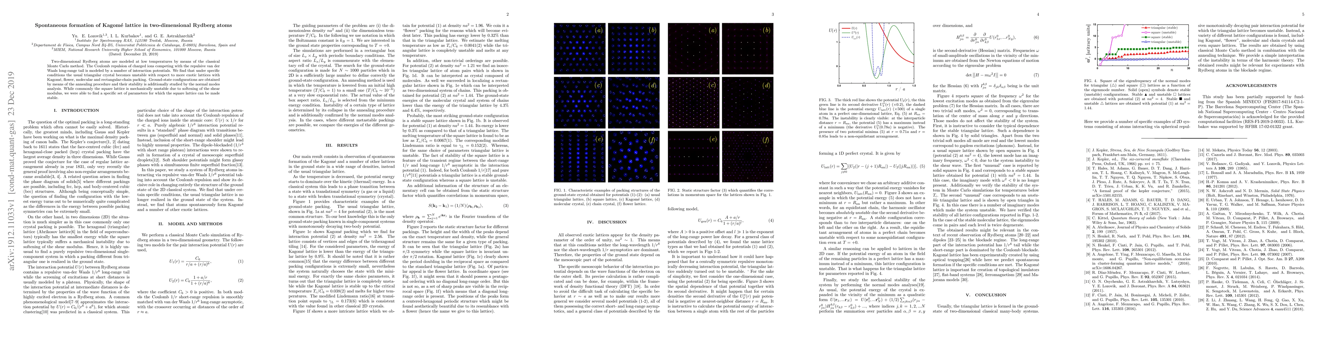 Thumbnail for Spontaneous formation of Kagom\'e lattice in two-dimensional Rydberg
  atoms